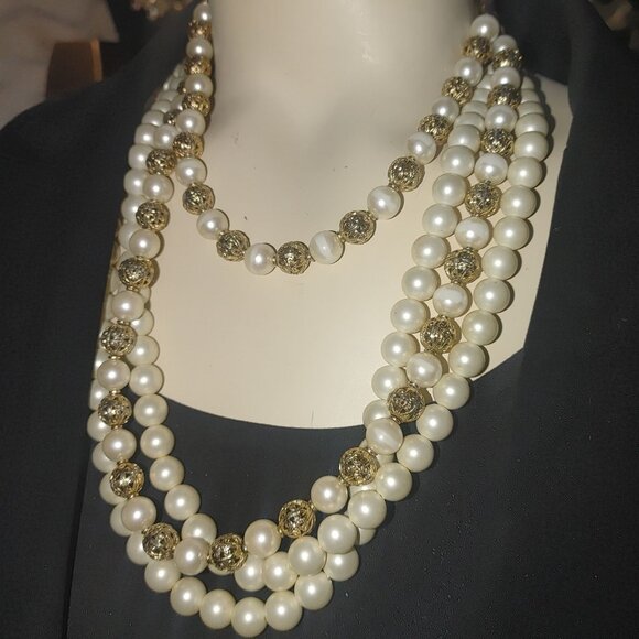 Vintage Napier Gold Tone Filigree Faux Pearl Vintage Multi Strand Necklace Lot - Picture 1 of 9